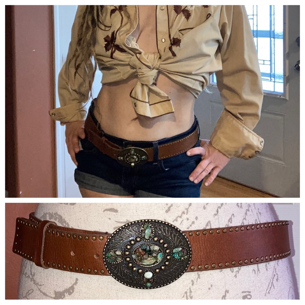 Turquoise Buckle Leather Western Cowgirl Rodeo Belt by Harold’s